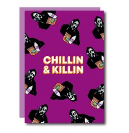 Spooky Halloween card with "Chillin & Killin" text and ghostly figures on a purple background.