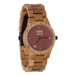 Wooden watch with a brown dial and a wooden bracelet. The watch has a classic, elegant design and is made of high-quality materials.
