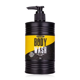 Sandalwood & Musk scented men's body wash in a black and yellow bottle with a pump dispenser.