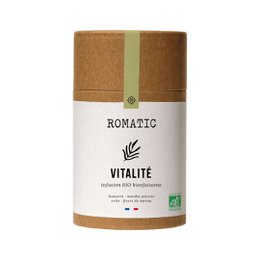 Organic herbal tea infusion with rosemary, peppermint, nettle, and elderflower. Packaged in a cork and paper container.
