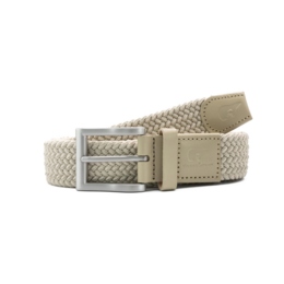  Recycled elastic woven belt in a neutral beige color, designed for kids. Features a buckle closure and a textured woven pattern.