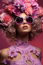  Purple pink flowers, floral crown, sunglasses, artistic portrait painting, vibrant colorful art