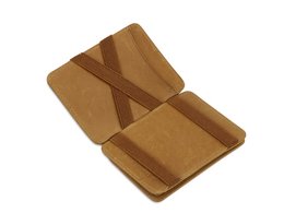 Cognac-colored leather wallet with RFID protection, featuring a compact design with multiple card slots and compartments for cash and coins.