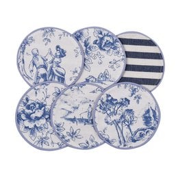 Blue and white toile de Jouy pattern placemats, French style, striped design, round shape, set of six.
