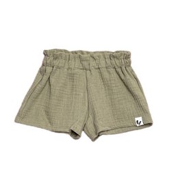 Olive green baby shorts with a relaxed, culottes-style silhouette. Made from a lightweight, breathable fabric. Suitable for casual everyday wear.