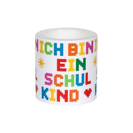  Decorative round pillar candle in white with colorful "Ich bin ein Schulkind" (I am a schoolchild) text. Made of wax, suitable for home decor.