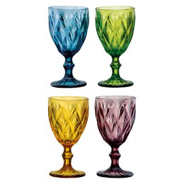 Set of 4 colorful, textured wine glasses in various shades of blue, green, yellow, and pink. The glasses feature a unique, faceted design that adds visual interest.