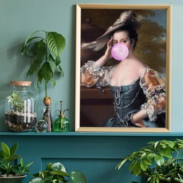 Vibrant portrait print featuring a woman with an elaborate hairstyle and dress, blowing a pink bubble gum bubble. The image has a vintage, artistic style that would complement a variety of wall decor styles.