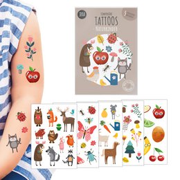 The product is a child tattoo set featuring a variety of nature-themed designs including animals, fruits, and other natural elements. The set includes multiple sheets of temporary tattoos with colorful, whimsical illustrations that would appeal to children.