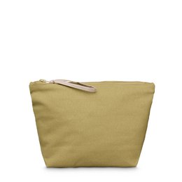 Triangular yellow toiletry bag made of durable canvas material, available in small and medium sizes.