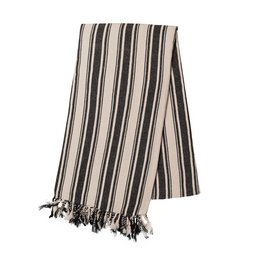 A striped hammam towel in black, navy, raspberry, and green colors. The towel has a soft, absorbent texture and is suitable for use in the bathroom or as a beach towel.