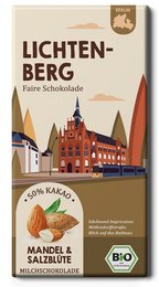 Organic and fair-trade chocolate bar from Lichtenberg Berlin, featuring almonds and sea salt. The chocolate has a rich, dark color with visible almond pieces.