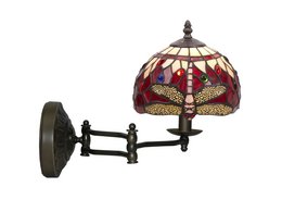 Tiffany-style table lamp with a 20cm diameter shade featuring a dragonfly design in shades of red, green, and gold. The lamp has an adjustable arm for positioning.