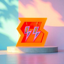  Orange lightning bolt stud earrings, bold geometric shape, vibrant red and blue neon flash design