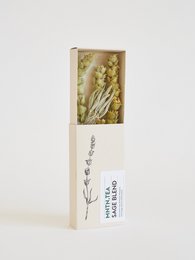 Sage blend tea in a mini package, featuring a dried sage plant with delicate yellow flowers.