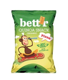 Organic quinoa snacks in pizza flavor, made by Bett'r. Snack pack contains 50g of healthy, crunchy quinoa-based snacks.
