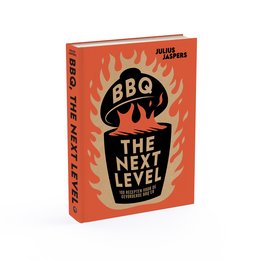 "Cookbook titled 'BBQ: The Next Level' by Julius Jaspers, featuring a vibrant orange cover with a BBQ grill icon. The book promises to take barbecuing to the next level with new recipes and techniques."