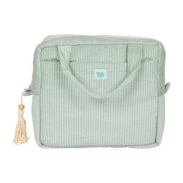 Mint green quilted makeup bag, large size, soft textured fabric, dual handles, spacious storage pouch