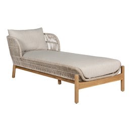 A large, comfortable sun lounger made of acacia wood, rope, and steel with a beige and brown color scheme. Suitable for outdoor garden or patio use.