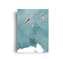 Postcard with swimmers in a serene, aqua-colored background.

The postcard features a serene, aqua-colored background with several swimmers floating in the water. The swimmers appear to be in a relaxed, leisurely pose, suggesting a peaceful, tranquil scene. The overall style and composition of the image convey a sense of calm and relaxation.