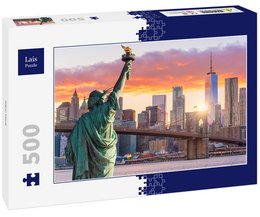 A 500-piece puzzle featuring the iconic Statue of Liberty against the backdrop of the New York City skyline at sunset. The puzzle captures the vibrant colors and architectural details of the city.