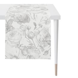 A white and gray floral patterned table runner, 48 inches by 140 inches in size, suitable for use on a table.