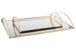 Rectangular gold-handled tray with glass surface, suitable for breakfast or serving.