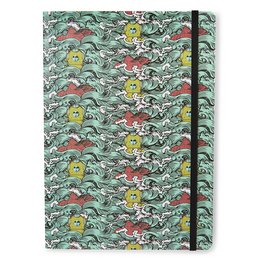 A5 and A6 sized notebooks with a colorful, whimsical pattern featuring various cartoon-style animals and shapes in shades of green, yellow, and red.