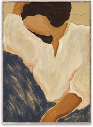 Poster featuring an abstract, minimalist design with earthy tones and organic shapes. Suitable for home decor or art gallery display.