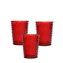  A set of 3 hobnail votive candle holders in a deep blue color with a textured, dotted pattern. The candle holders are cylindrical in shape and vary in size, suitable for use with small votive candles.