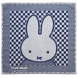  A blue and white checkered kitchen towel featuring the iconic Miffy rabbit character. The towel is made of soft, absorbent material and is suitable for drying dishes or hands.