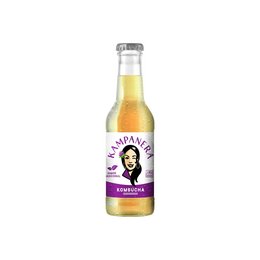 Original flavor kombucha in a clear glass bottle with a purple and white label featuring a portrait illustration.