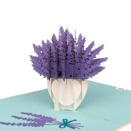 A lavender-themed pop-up card featuring a bouquet of purple lavender flowers in a vase. The card has a light blue background and the lavender flowers are the focal point.