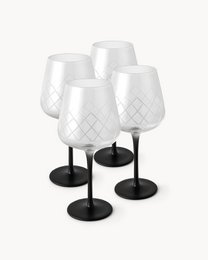  Set of 4 crystal wine glasses with diamond pattern, 480 ml capacity, black stems.
