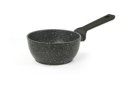 A round, dark-colored saucepan made of lava stone material, suitable for cooking various dishes.