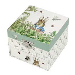 A whimsical music box featuring Peter Rabbit, with a green and white color scheme, floral and nature-inspired designs, and a mirror inside the box.