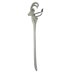 A long, silver-colored metal shoehorn with an ibex-shaped handle.