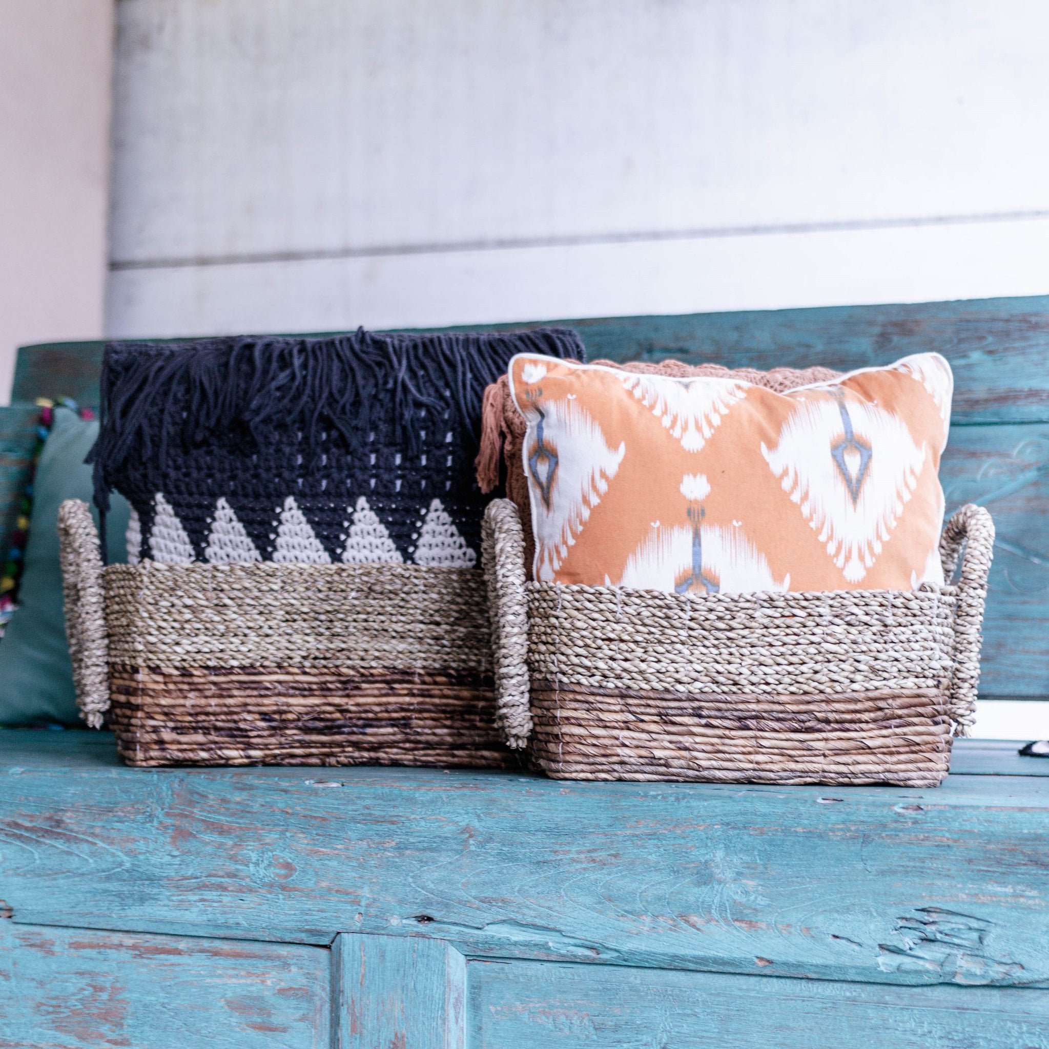 Decoratieve Mand van Bananenvezel & Zeewier met Handvatten
