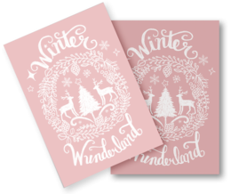 "Christmas card with festive lettering and winter scene illustration in pink and white"