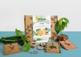 The family kit contains a variety of plants and accessories for growing a home garden. The kit includes seeds, soil, and gardening tools in an eco-friendly cardboard box.