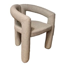 Beige upholstered dining chair with curved armrests and a simple, modern Japandi design.