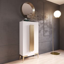 A modern, white shoe cabinet with gold accents and a round mirror. The cabinet has multiple shelves for storing and displaying shoes.