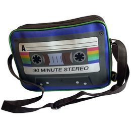  Medium-sized shoulder bag with a cassette tape design, featuring a colorful retro-style pattern and adjustable strap.