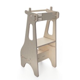 The Montessori Giraffe Observation Tower is a wooden baby highchair with a unique giraffe-inspired design. It features a tall, slender frame with a platform for the child to stand on and observe their surroundings. The chair has a natural, minimalist aesthetic that would complement a modern nursery or playroom.
