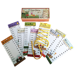 Colorful educational toy set with numbers, letters, and counting elements. Includes a variety of cards and tools for learning and practicing math and language skills.