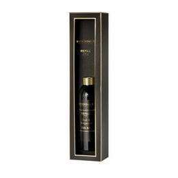  Black glass bottle with gold accents containing a diffuser refill in the scent of Oud & Bergamot, packaged in a black box.