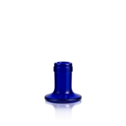  Blue glass candle holder with a round, tall shape.