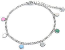  Silver stainless steel bracelet with colorful gemstone charms, sun design, adjustable 16-21cm chain bracelet.