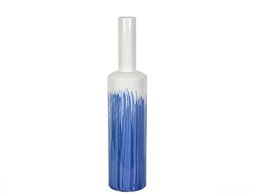 Tall, cylindrical ceramic vase in a blue and white ombre design. Suitable for displaying flowers or plants.