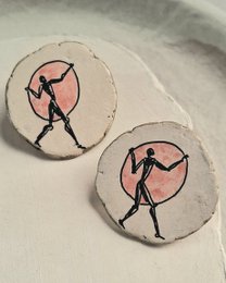  Hand-painted papier-mâché stud earrings, round cream and pink, silhouette figure design, artistic statement jewelry.